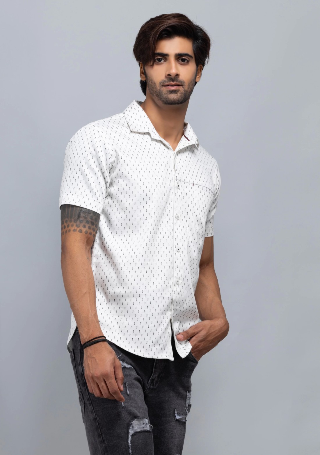 White Printed Slim fit Men's Stretch Cotton Shirt