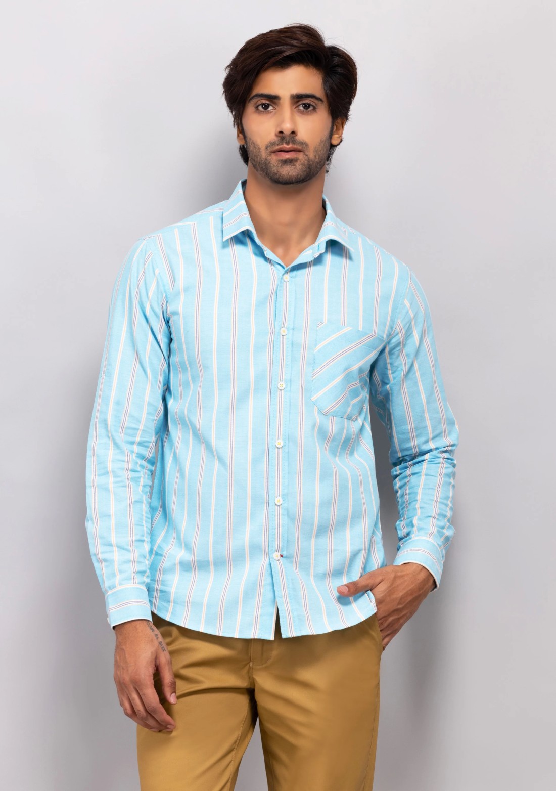 Teal blue stripe slim fit men's Shirt