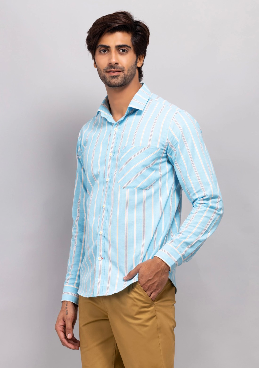 Teal blue stripe slim fit men's Shirt