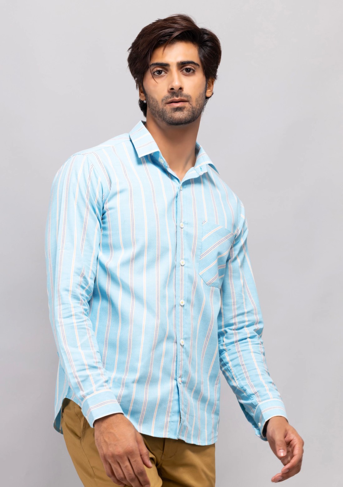 Teal blue stripe slim fit men's Shirt