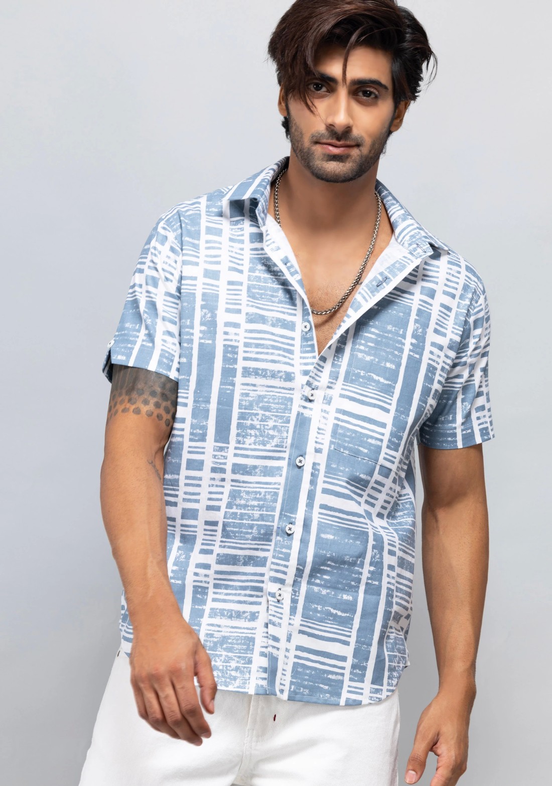 Bluish Grey Slim Fit Printed Men's Cotton Shirt