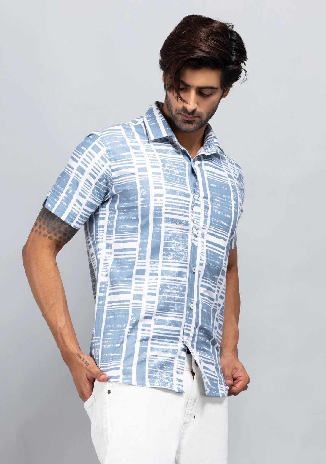 Bluish Grey Slim Fit Printed Men's Cotton Shirt