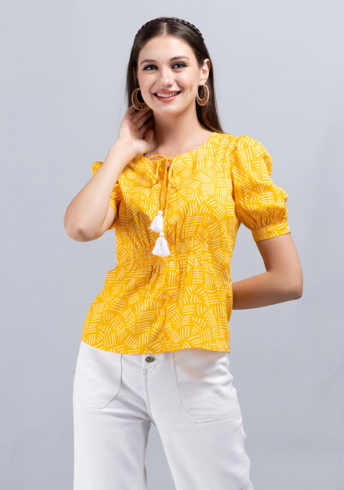 Yellow Colour Abstract Print Crepe Top