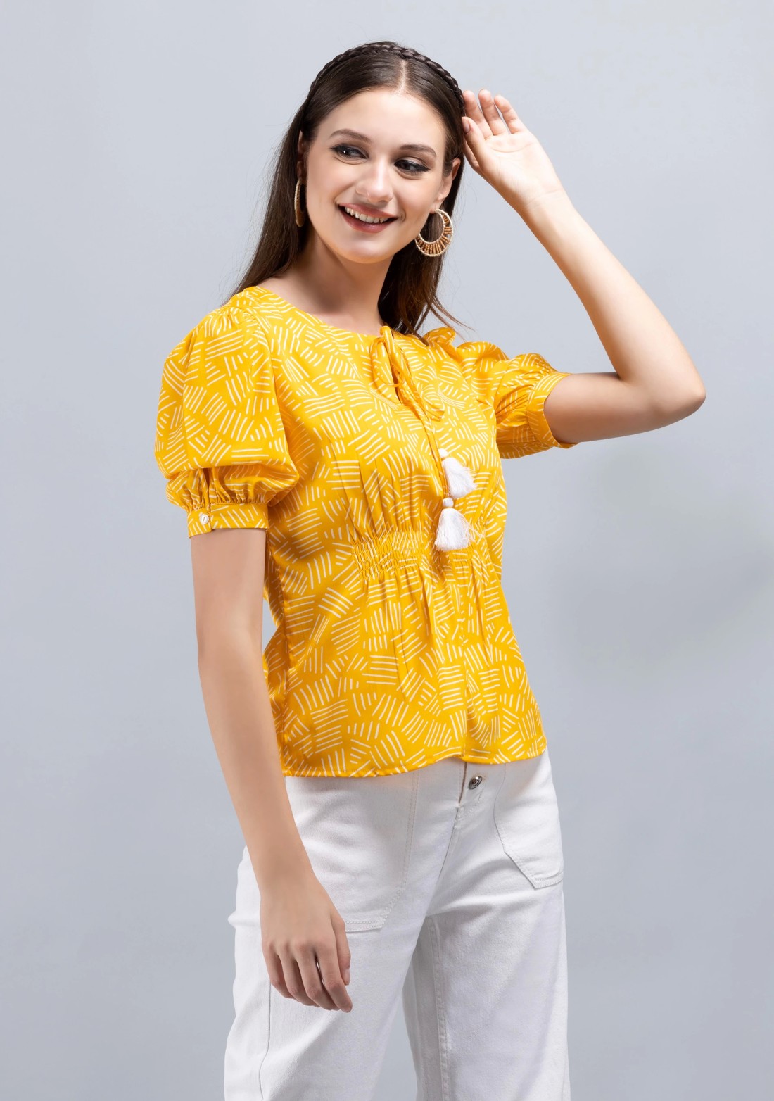 Yellow Colour Abstract Print Crepe Top