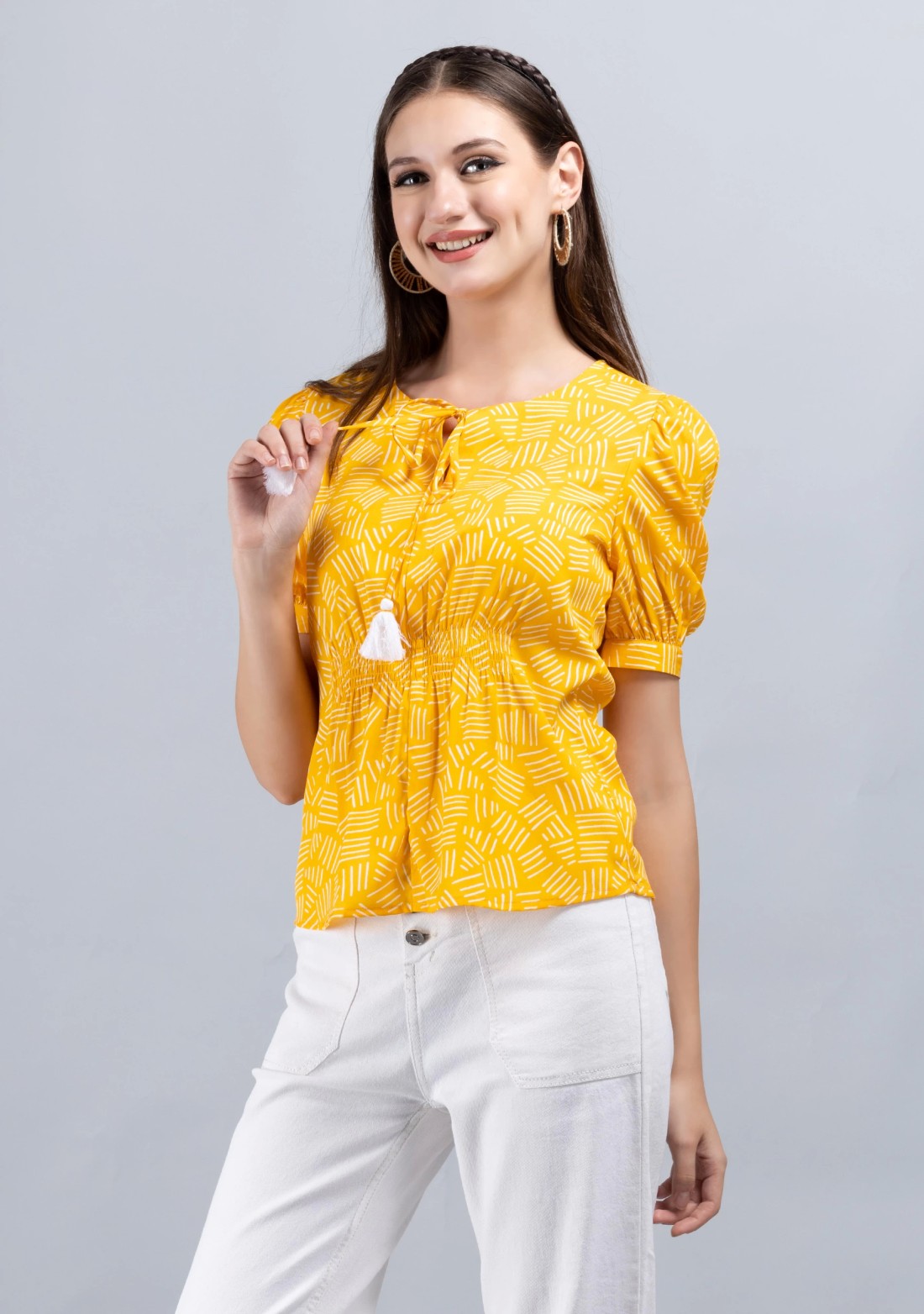 Yellow Colour Abstract Print Crepe Top