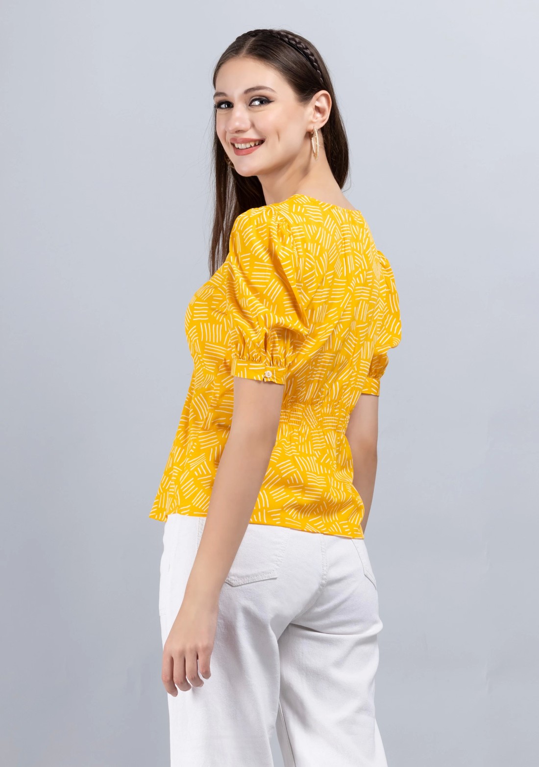 Yellow Colour Abstract Print Crepe Top