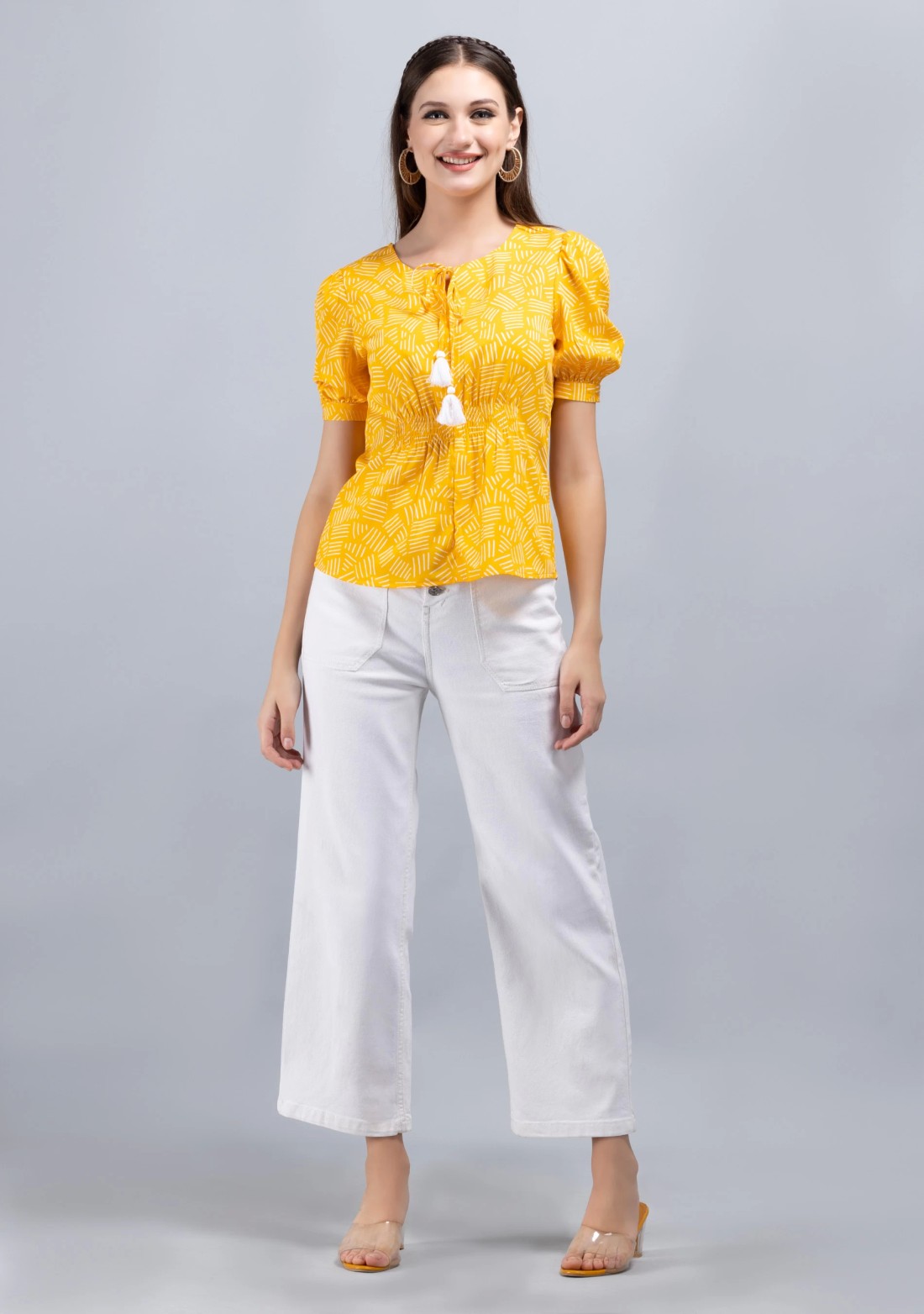 Yellow Colour Abstract Print Crepe Top