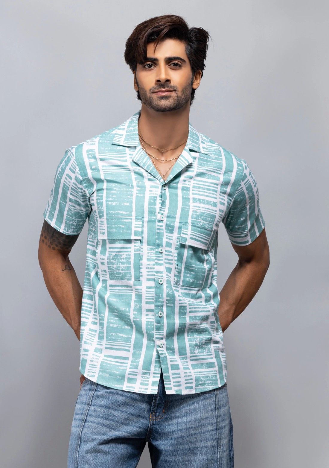 Light Green Slim Fit Men's Cotton Printed Shirt