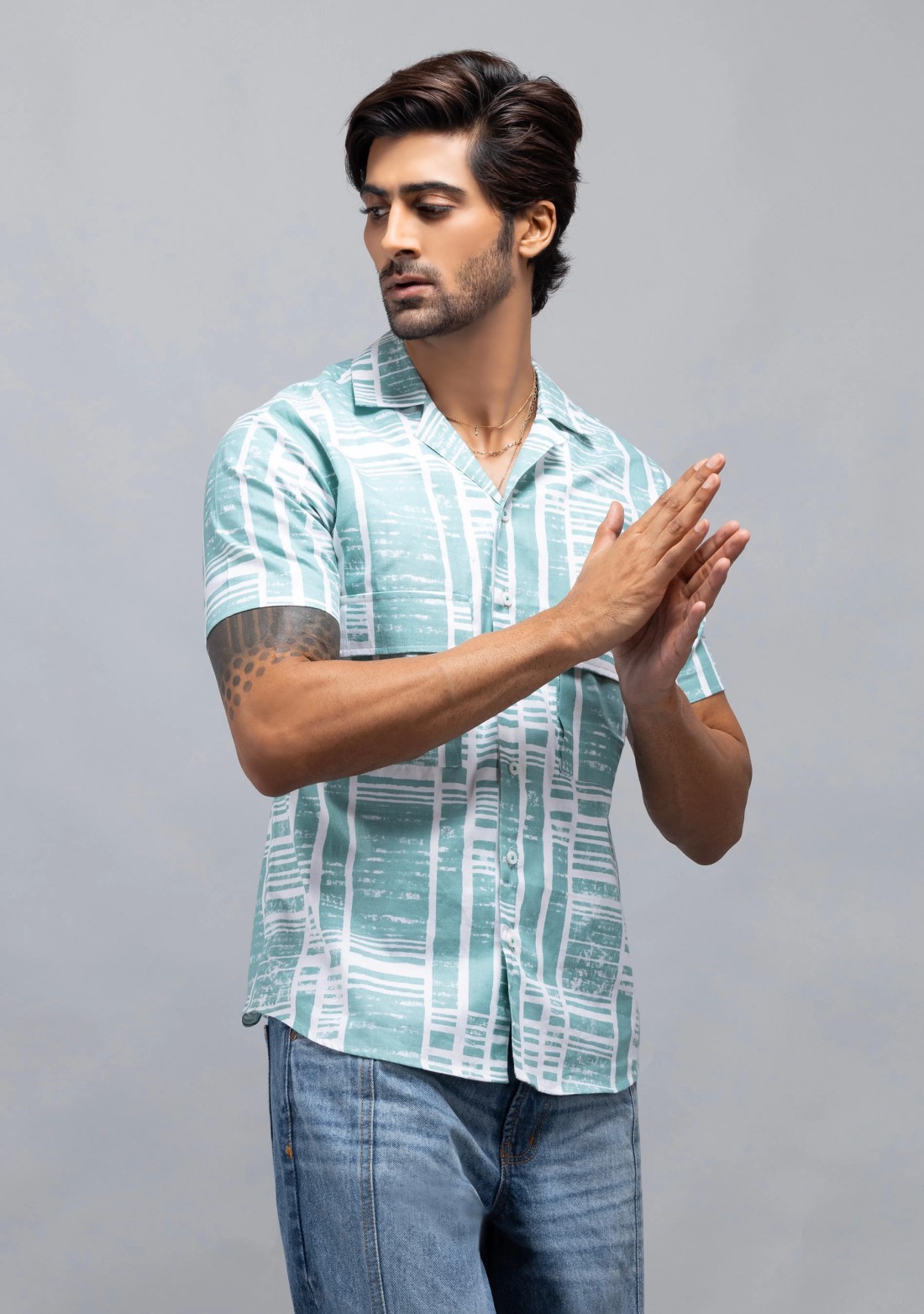 Light Green Slim Fit Men's Cotton Printed Shirt