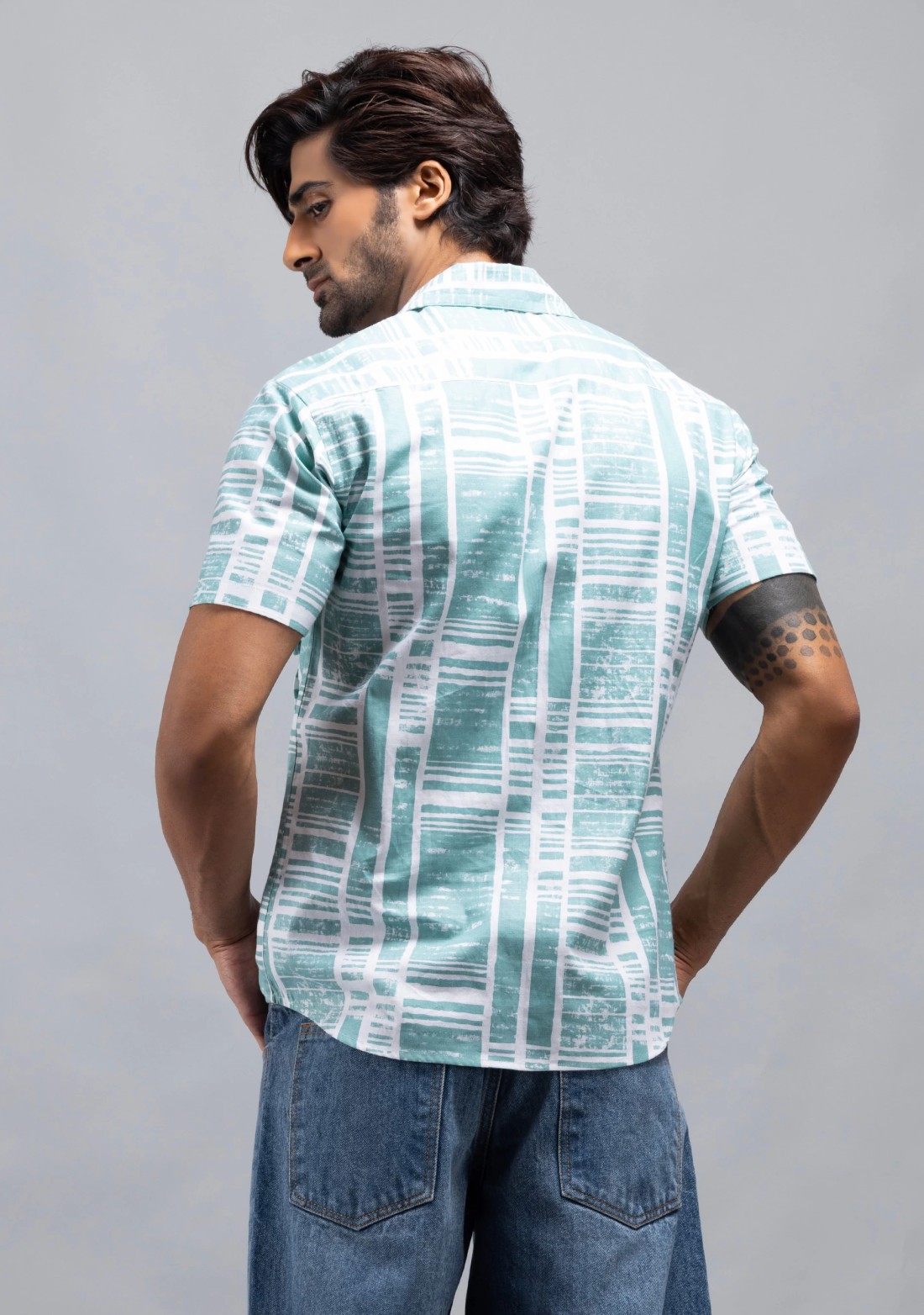 Light Green Slim Fit Men's Cotton Printed Shirt