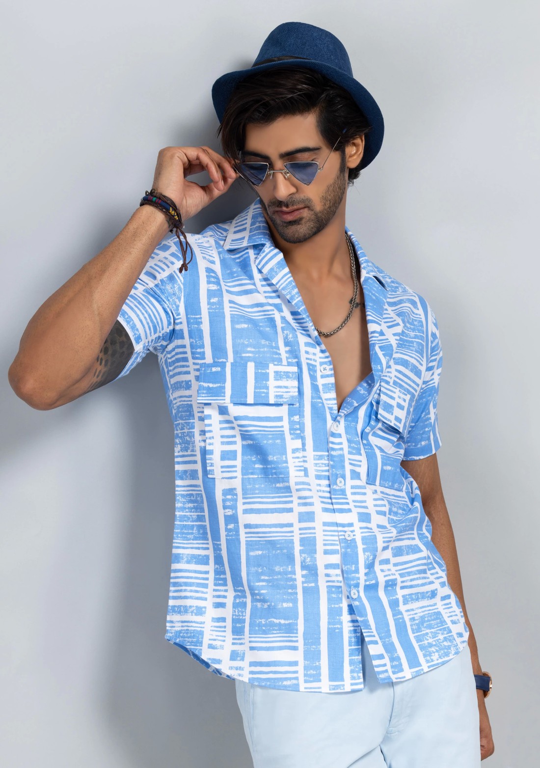 Light Blue Slim Fit Men's Cotton Print Shirt