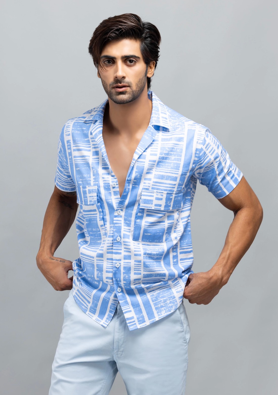 Light Blue Slim Fit Men's Cotton Print Shirt