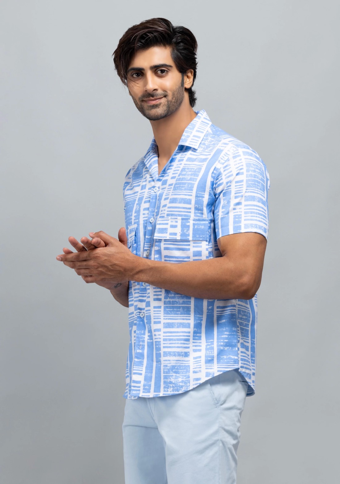 Light Blue Slim Fit Men's Cotton Print Shirt