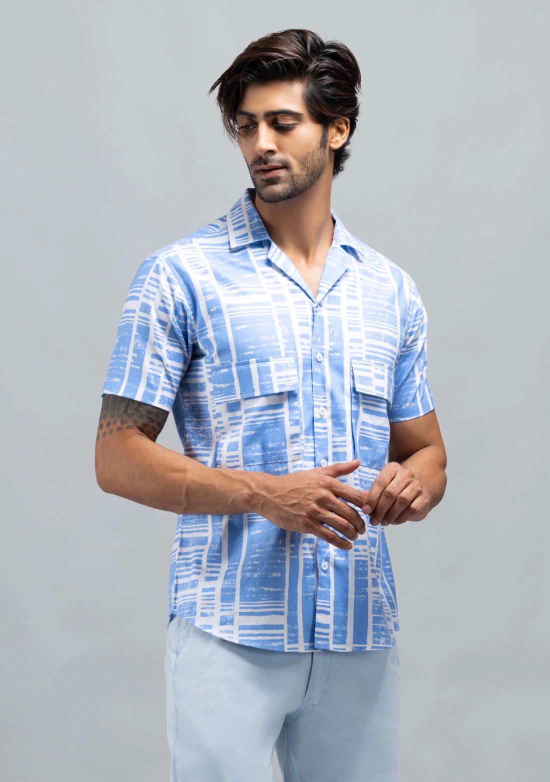 Light Blue Slim Fit Men's Cotton Print Shirt