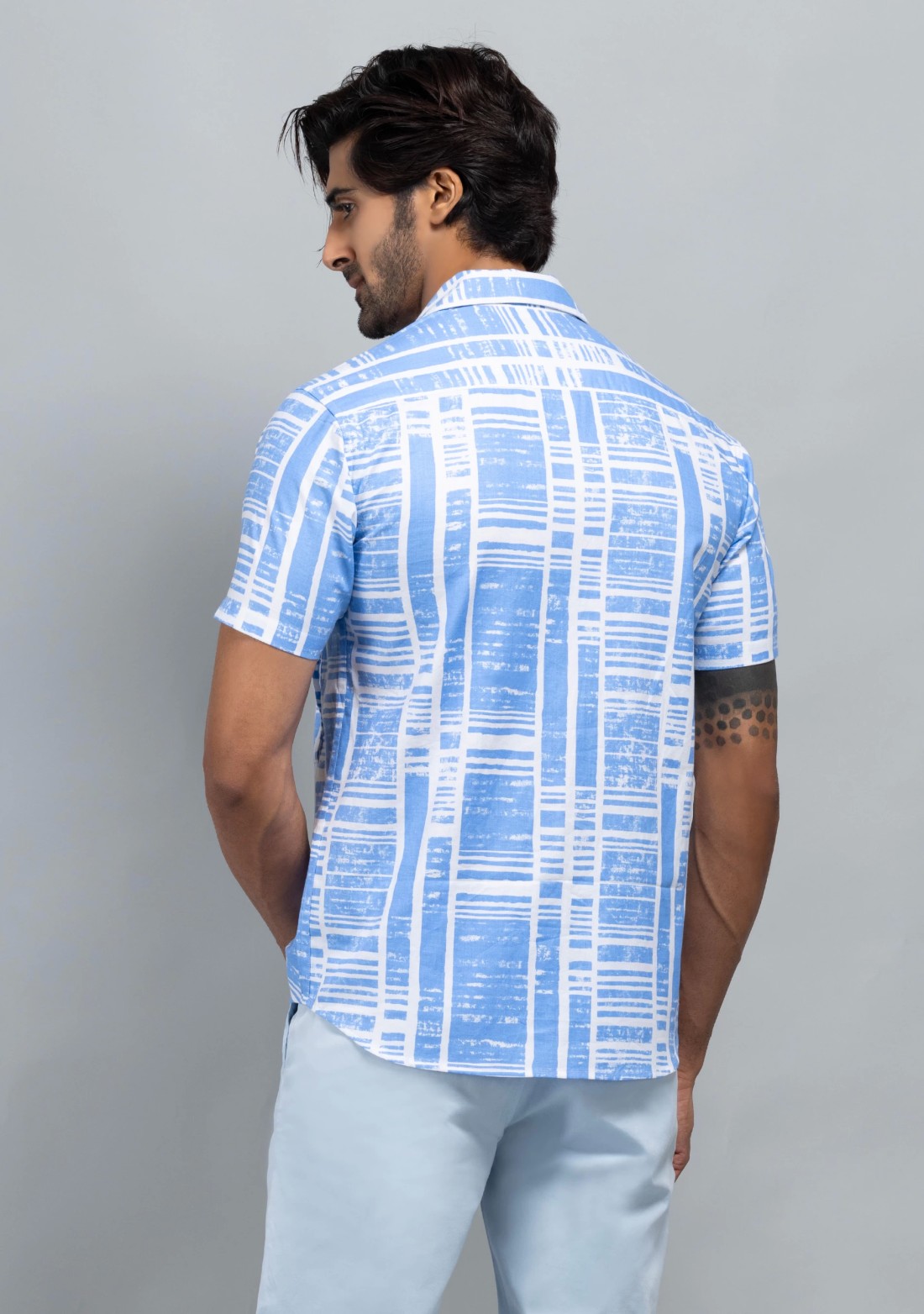 Light Blue Slim Fit Men's Cotton Print Shirt