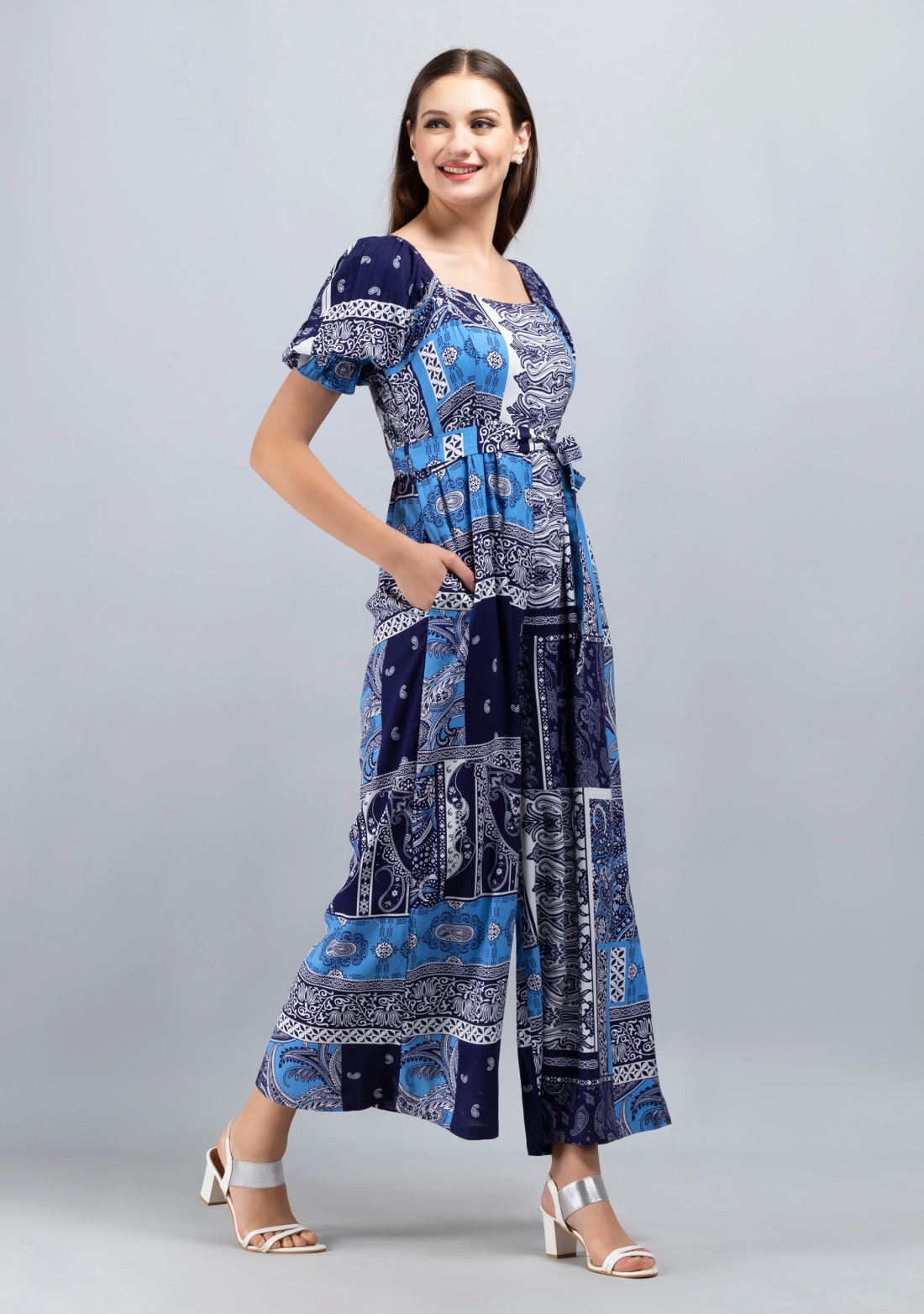 Ethnic Motif Print Rayon Flared Leg Jumpsuit