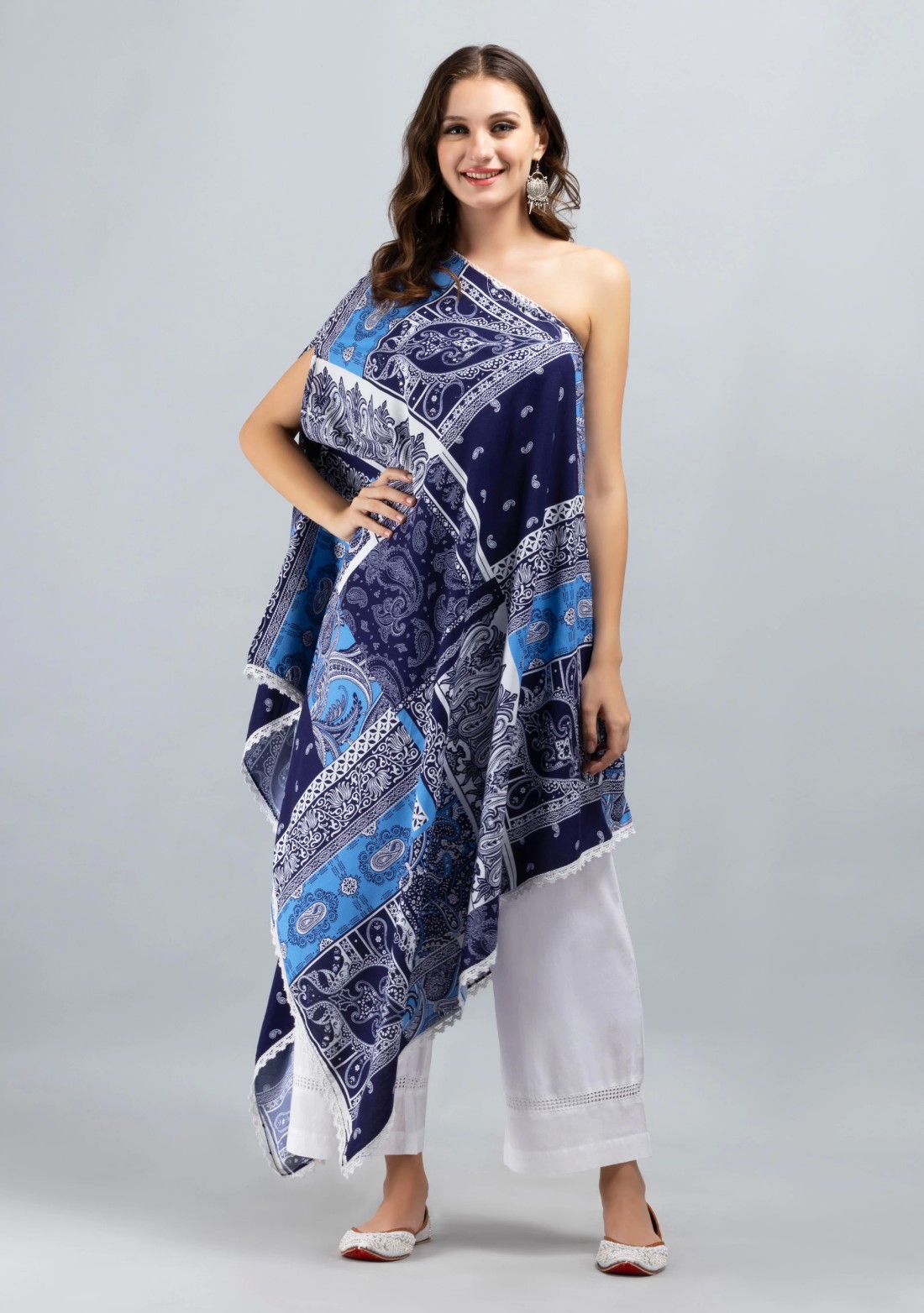 One Shoulder Asymmetrical Length Trendy Patch Printed Rayon kaftan