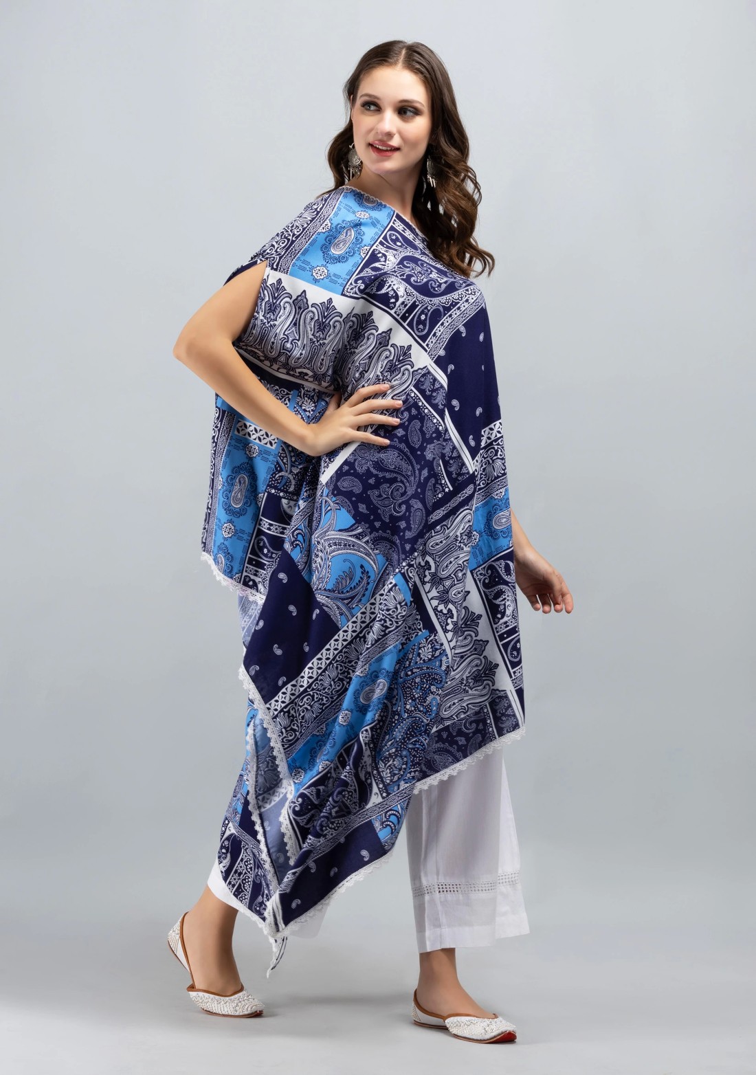 One Shoulder Asymmetrical Length Trendy Patch Printed Rayon kaftan