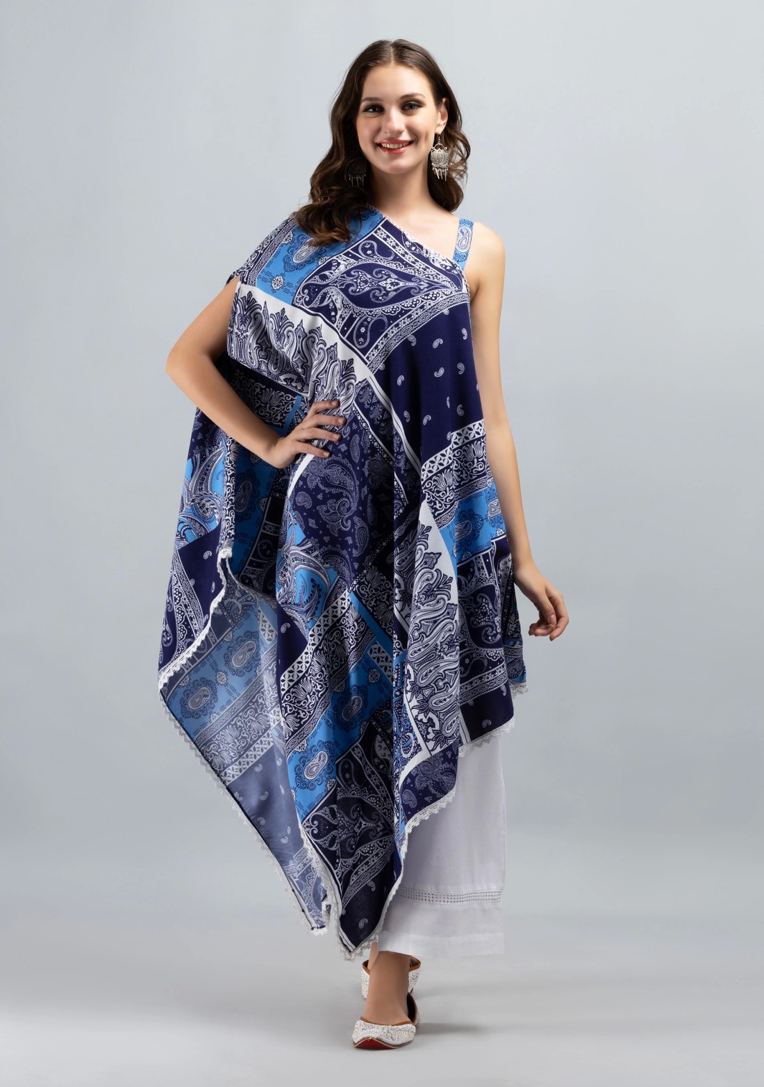 One Shoulder Asymmetrical Length Trendy Patch Printed Rayon kaftan