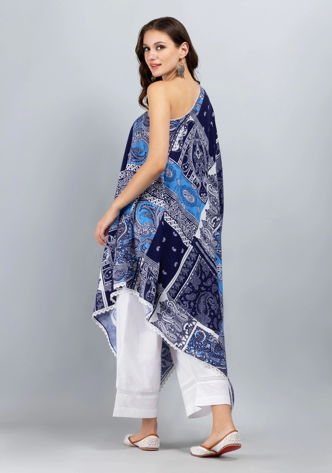 One Shoulder Asymmetrical Length Trendy Patch Printed Rayon kaftan