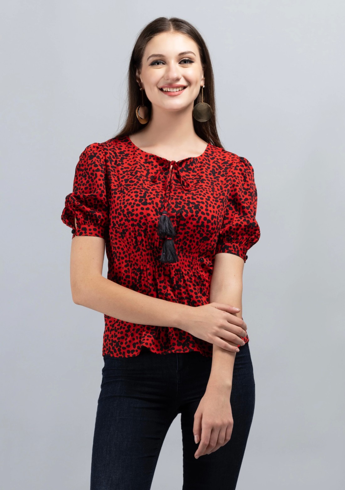 Red Colour Ditsy Print Crepe Top