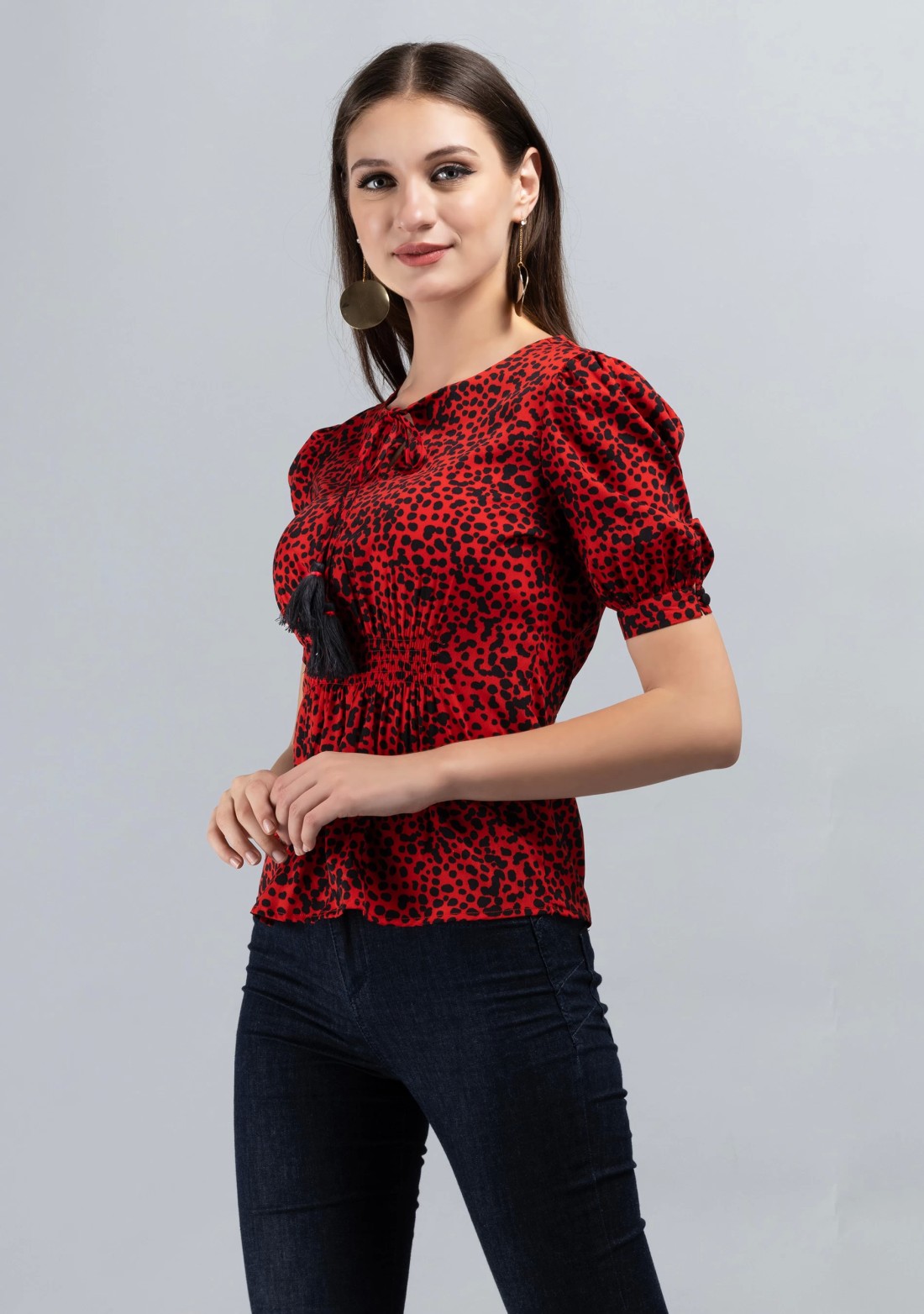 Red Colour Ditsy Print Crepe Top