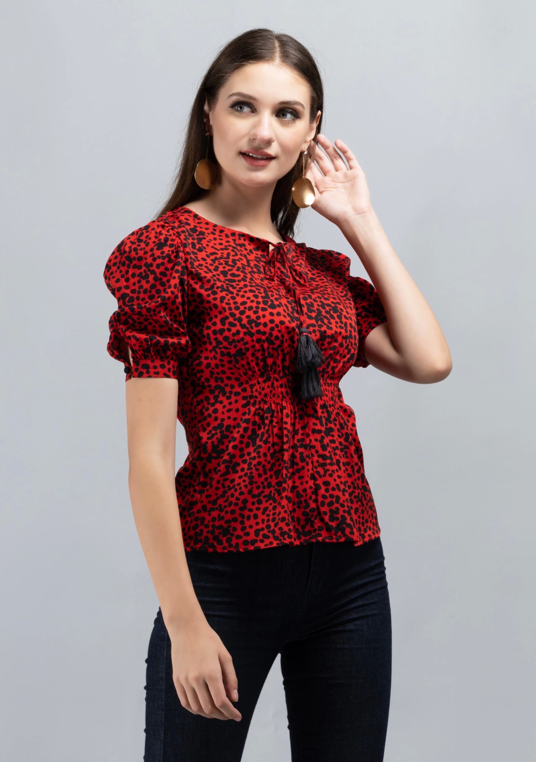 Red Colour Ditsy Print Crepe Top