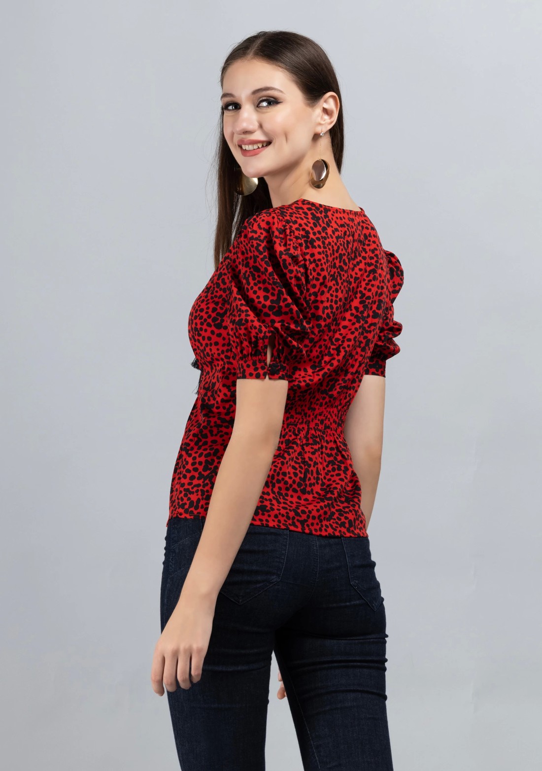 Red Colour Ditsy Print Crepe Top