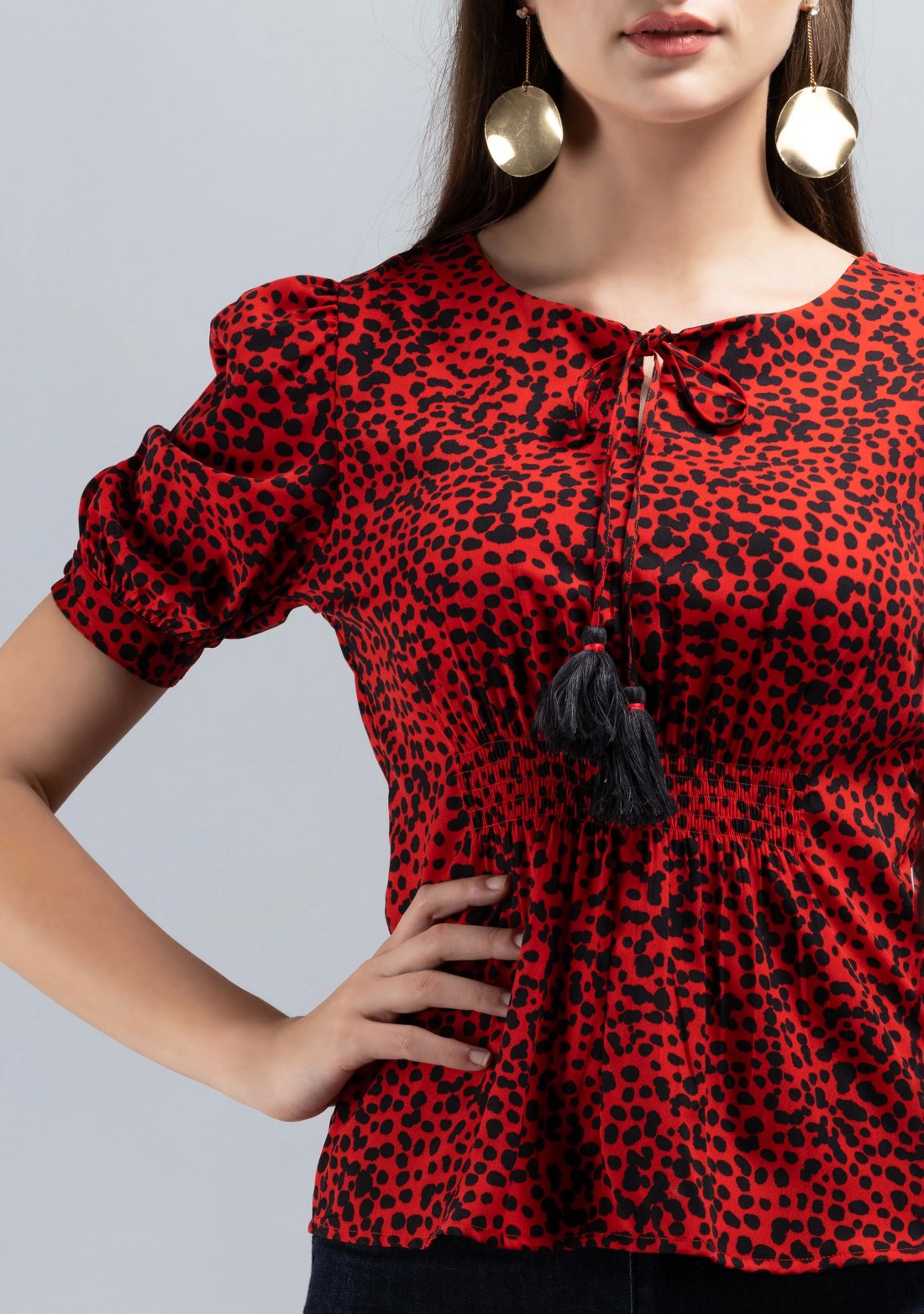 Red Colour Ditsy Print Crepe Top