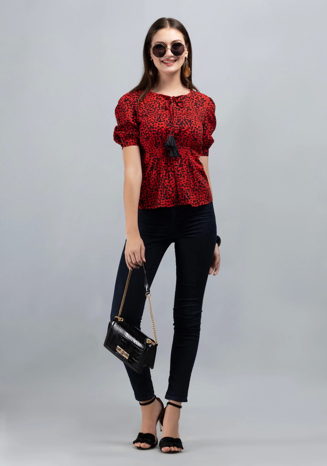 Red Colour Ditsy Print Crepe Top