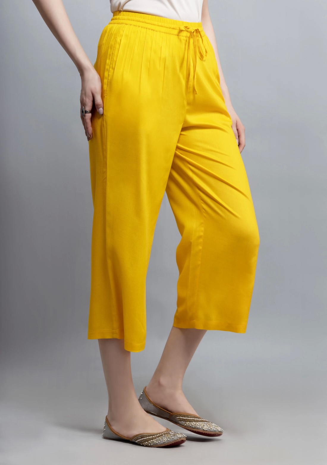 Yellow Solid Viscose Rayon Palazzo Pants