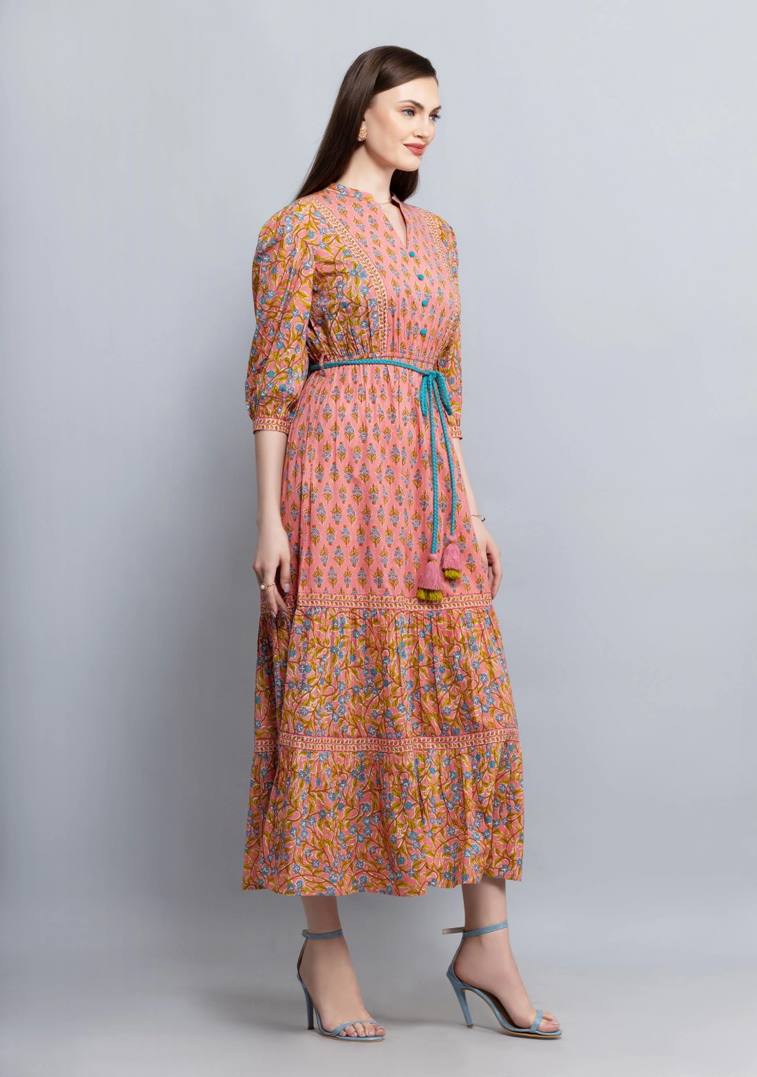 Soft Pink Floral Screen Print Long Dress