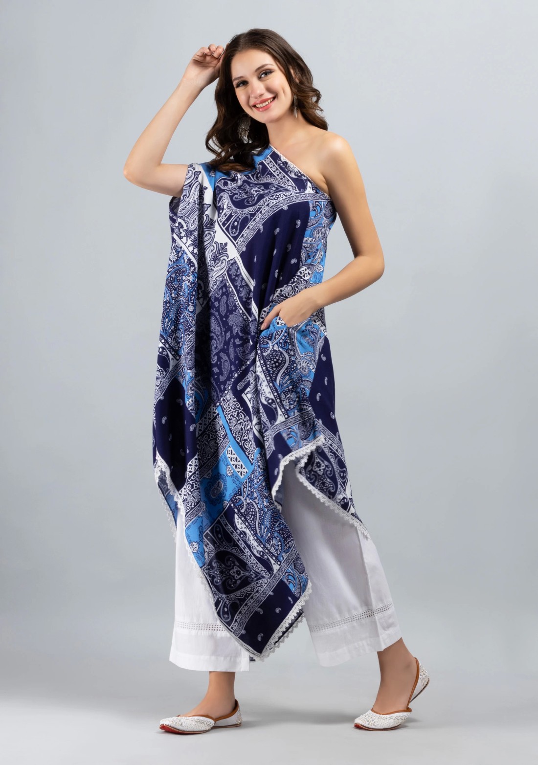 One Shoulder Asymmetrical Length Trendy Patch Printed Rayon kaftan