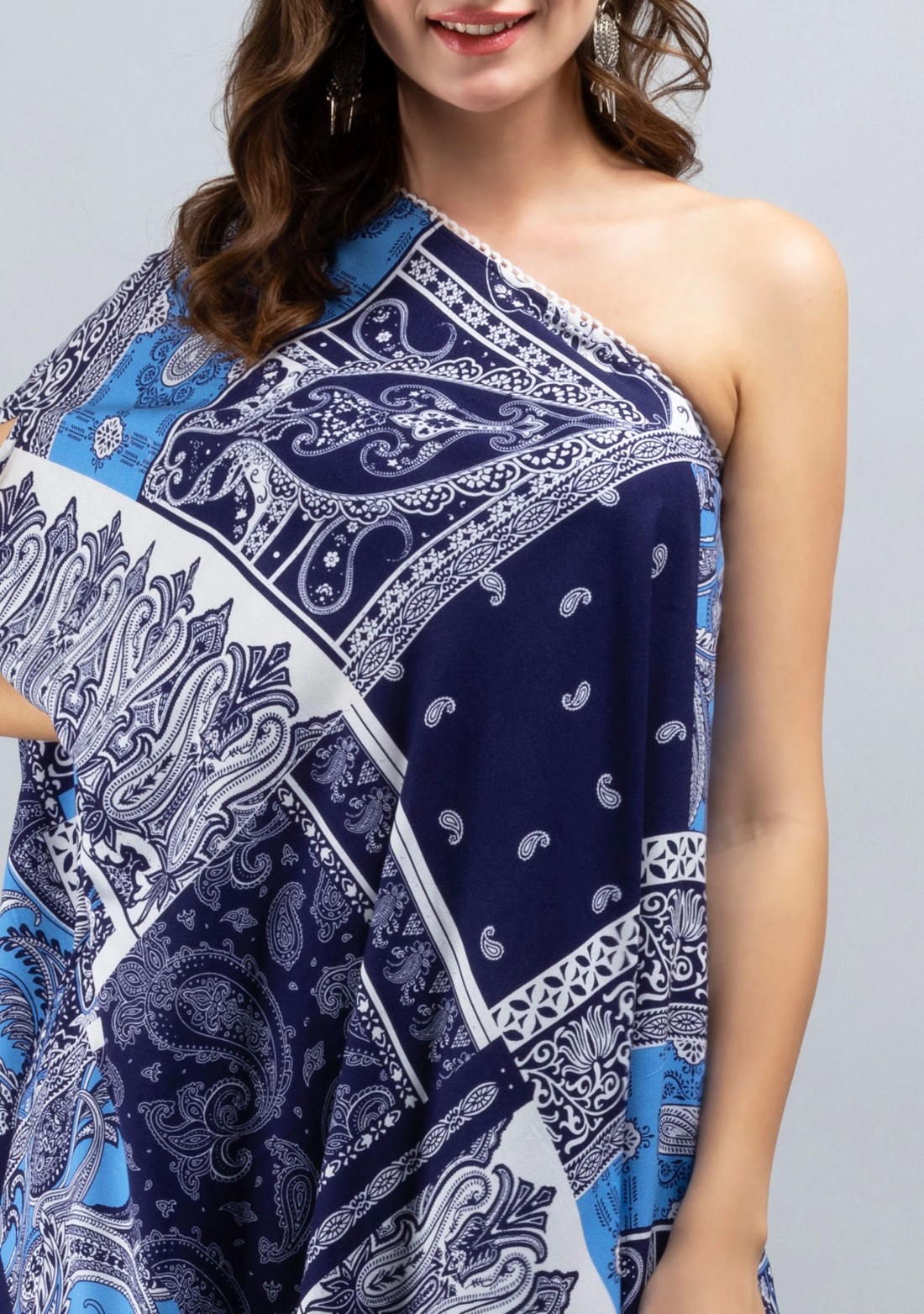 One Shoulder Asymmetrical Length Trendy Patch Printed Rayon kaftan