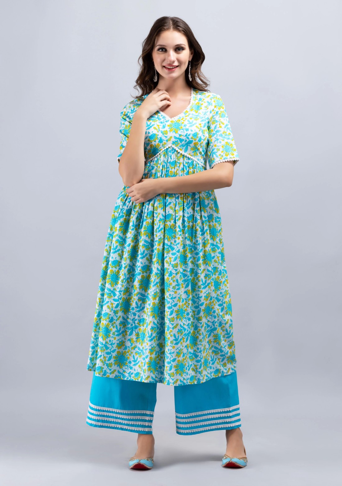 White & Blue Oriental Floral Printed Flared Pure Cotton Kurta With Palazzo Pants
