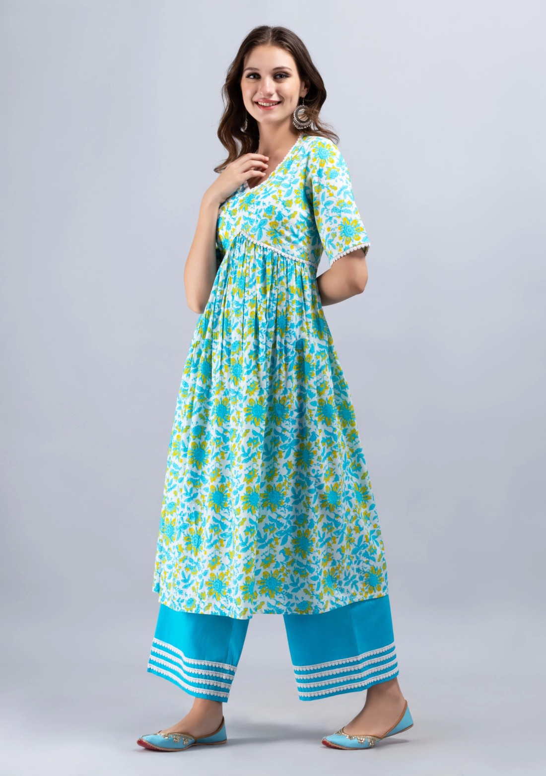 White & Blue Oriental Floral Printed Flared Pure Cotton Kurta With Palazzo Pants