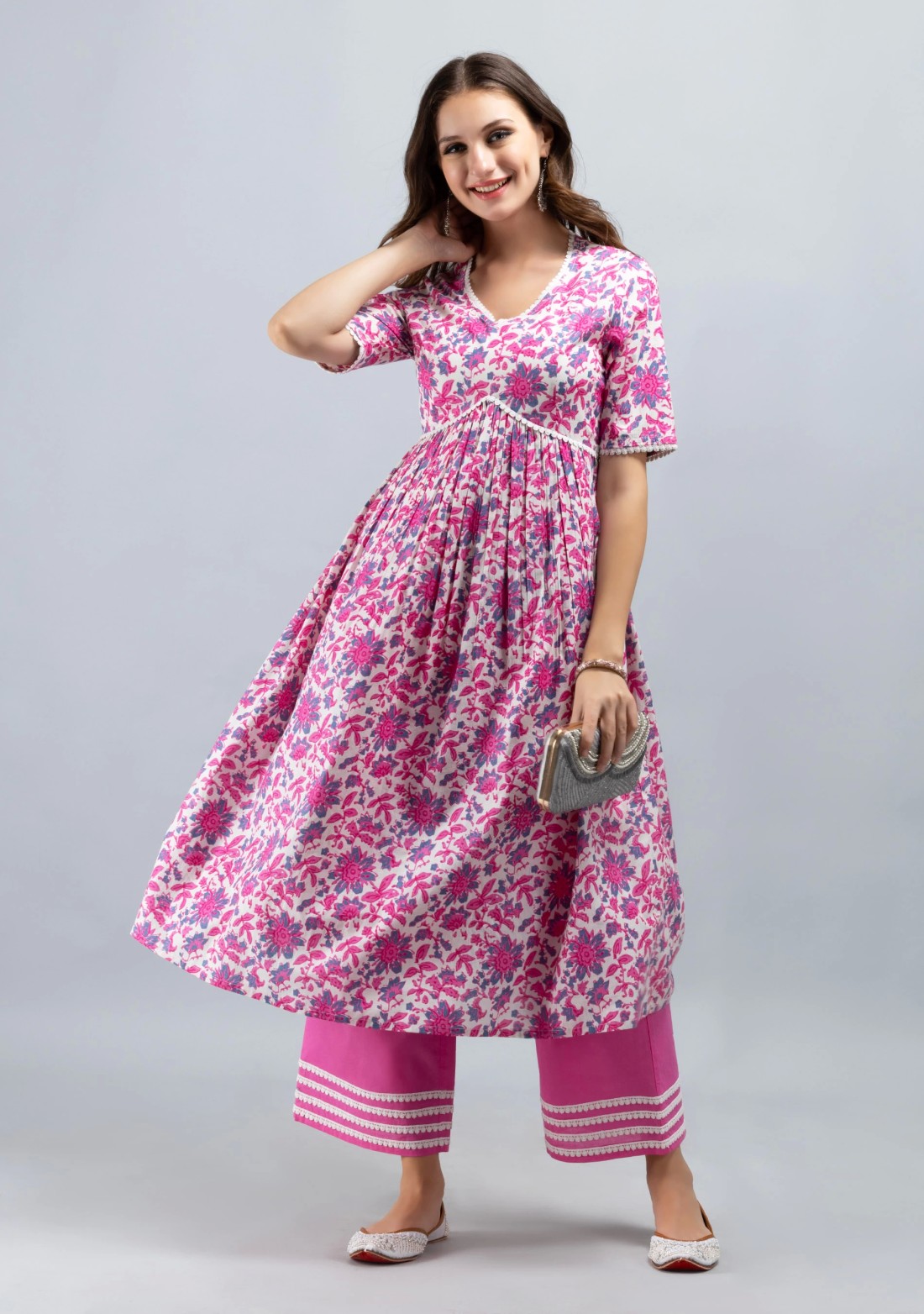 White & Pink Oriental Floral Printed Flared Pure Cotton Kurta With Palazzo Pants