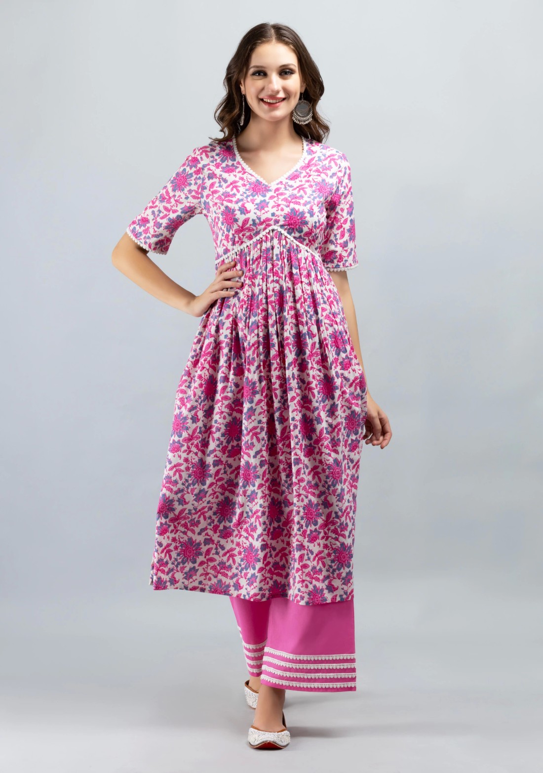 White & Pink Oriental Floral Printed Flared Pure Cotton Kurta With Palazzo Pants