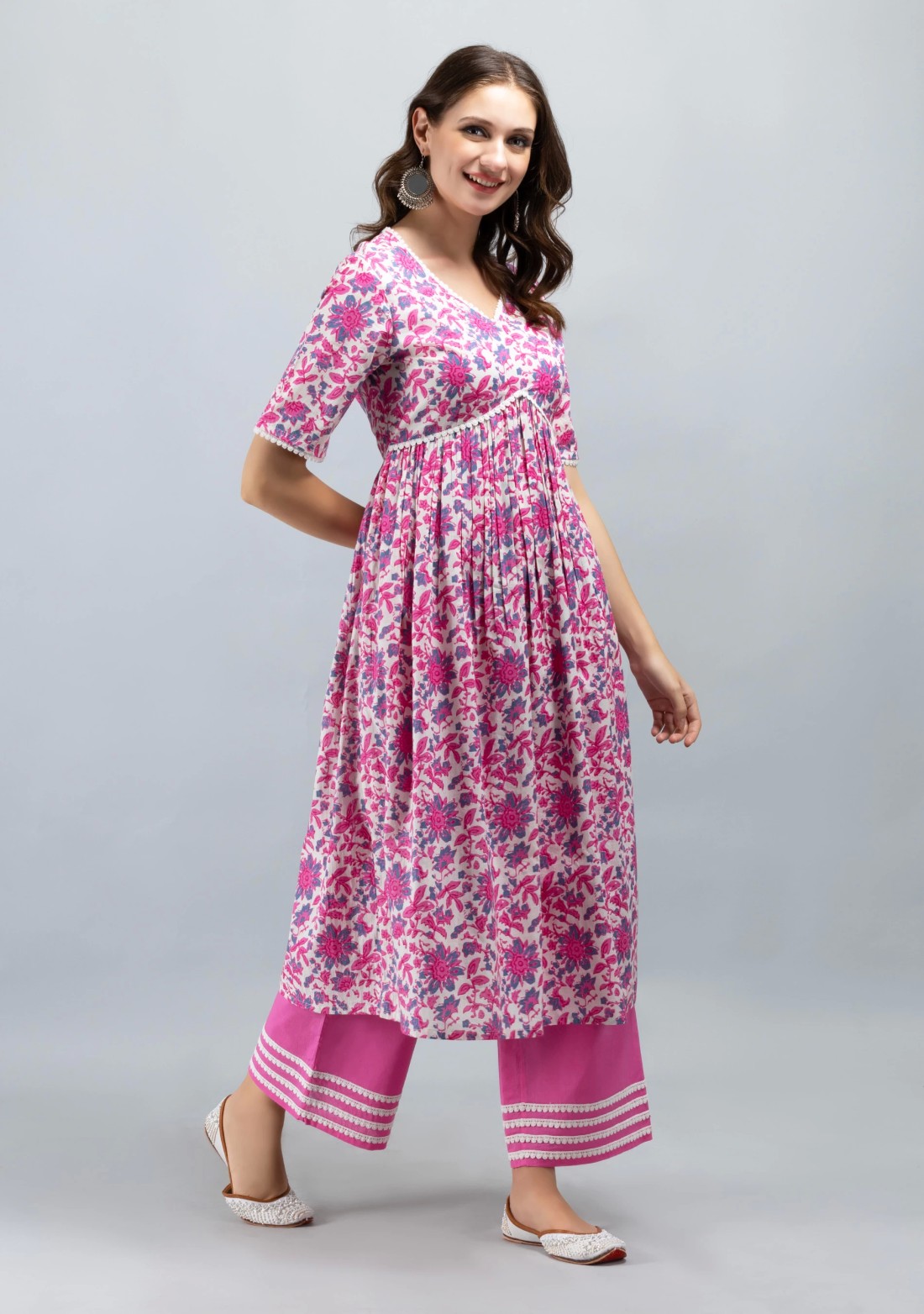 White & Pink Oriental Floral Printed Flared Pure Cotton Kurta With Palazzo Pants