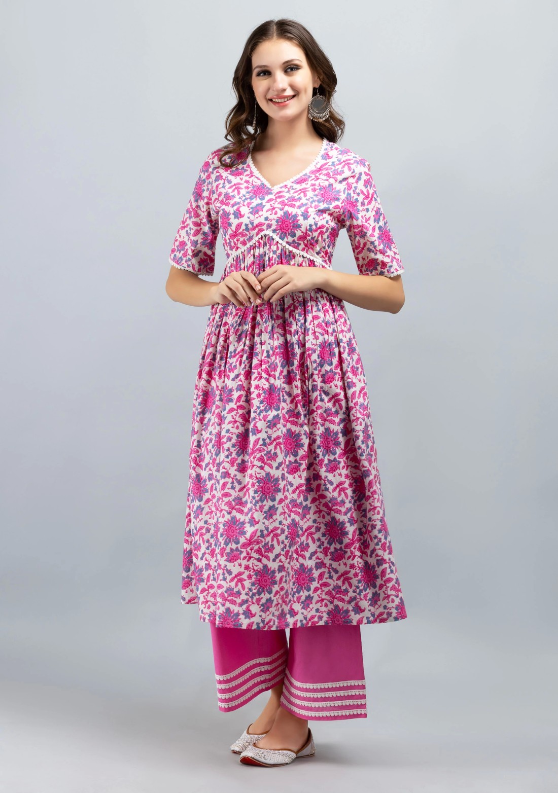 White & Pink Oriental Floral Printed Flared Pure Cotton Kurta With Palazzo Pants