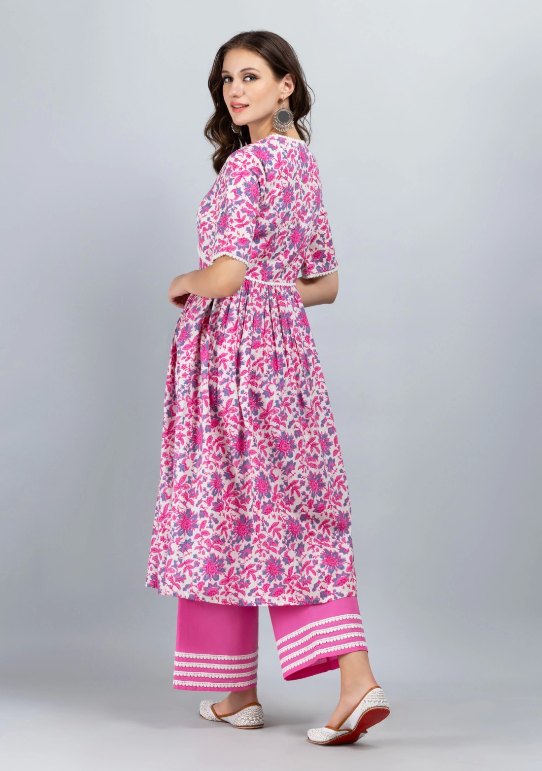 White & Pink Oriental Floral Printed Flared Pure Cotton Kurta With Palazzo Pants