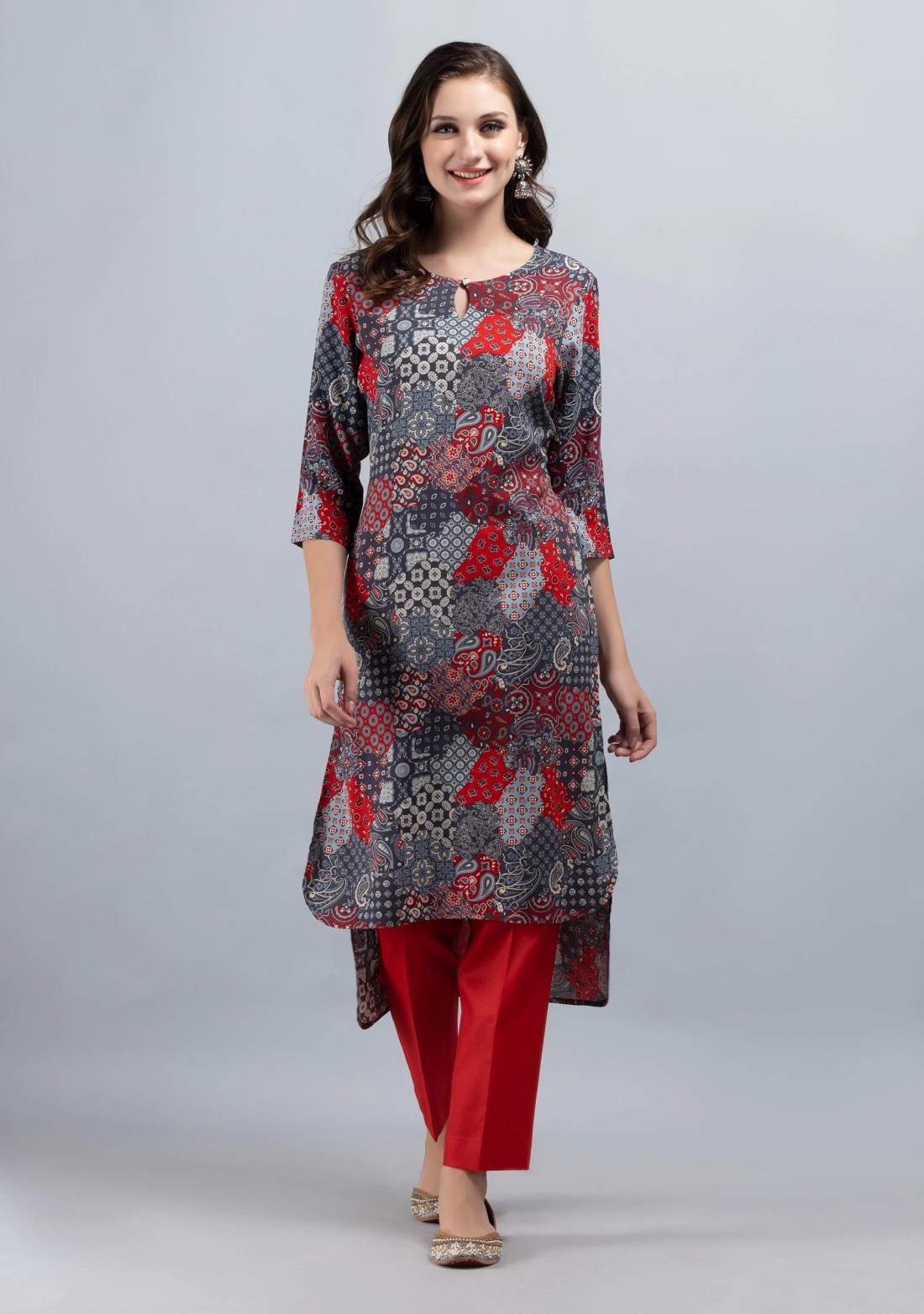 Grey & Red Patch Printed High Low Rayon Straight Kurta