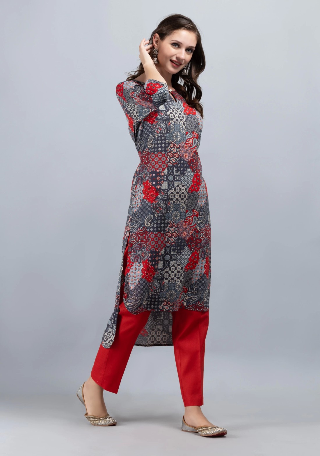 Grey & Red Patch Printed High Low Rayon Straight Kurta