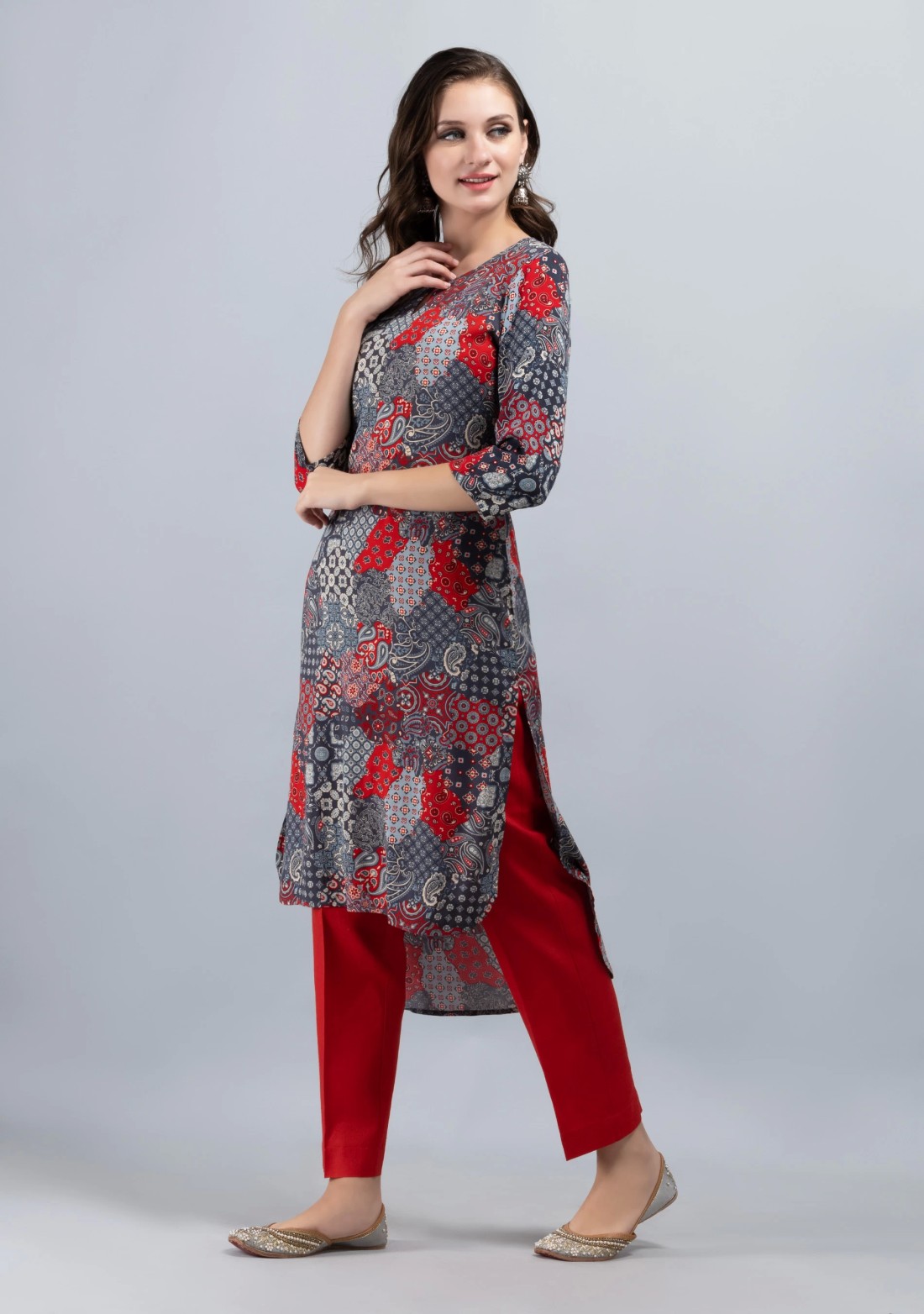 Grey & Red Patch Printed High Low Rayon Straight Kurta