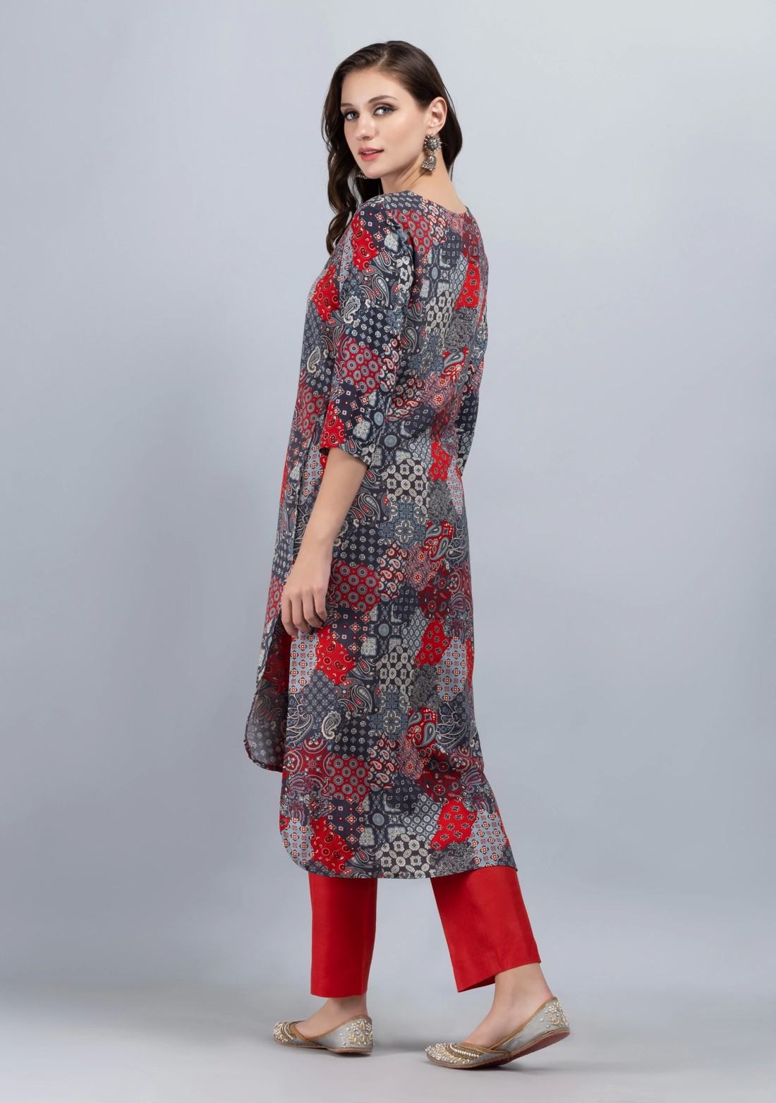 Grey & Red Patch Printed High Low Rayon Straight Kurta