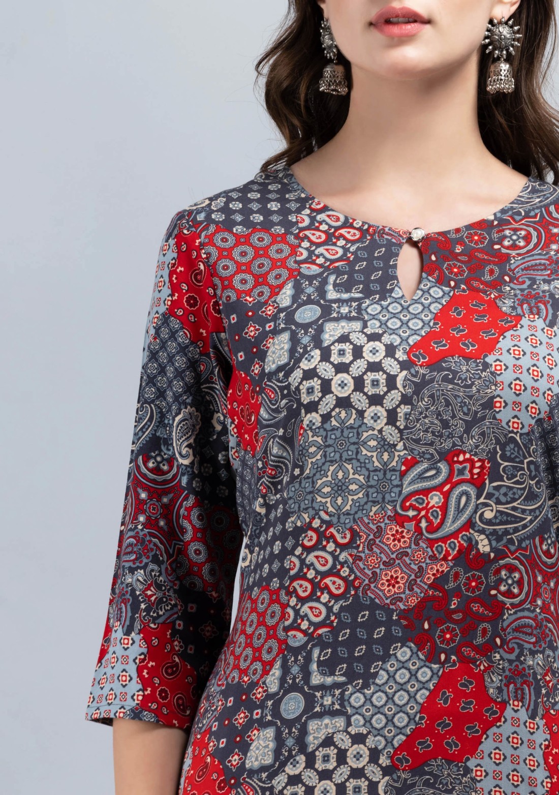 Grey & Red Patch Printed High Low Rayon Straight Kurta