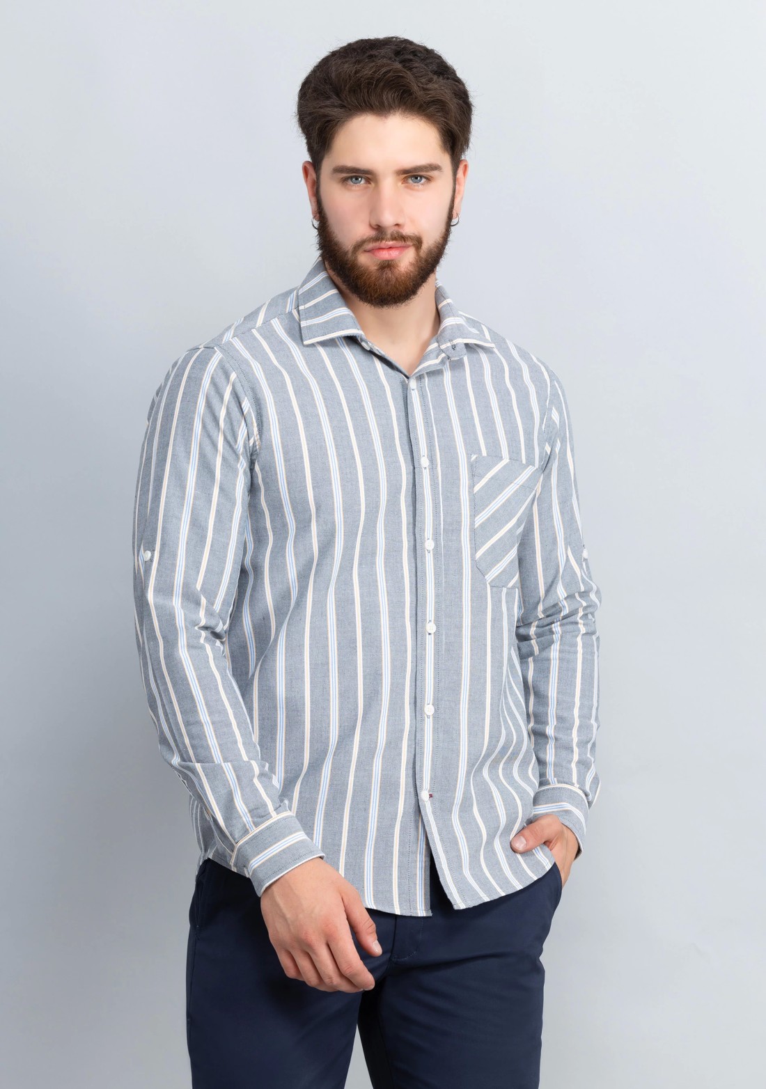 Grey Oxford stripe slim fit men's Shirt