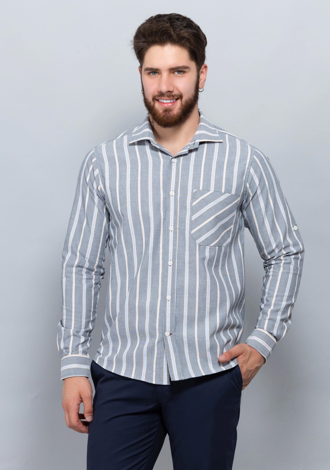 Grey Oxford stripe slim fit men's Shirt