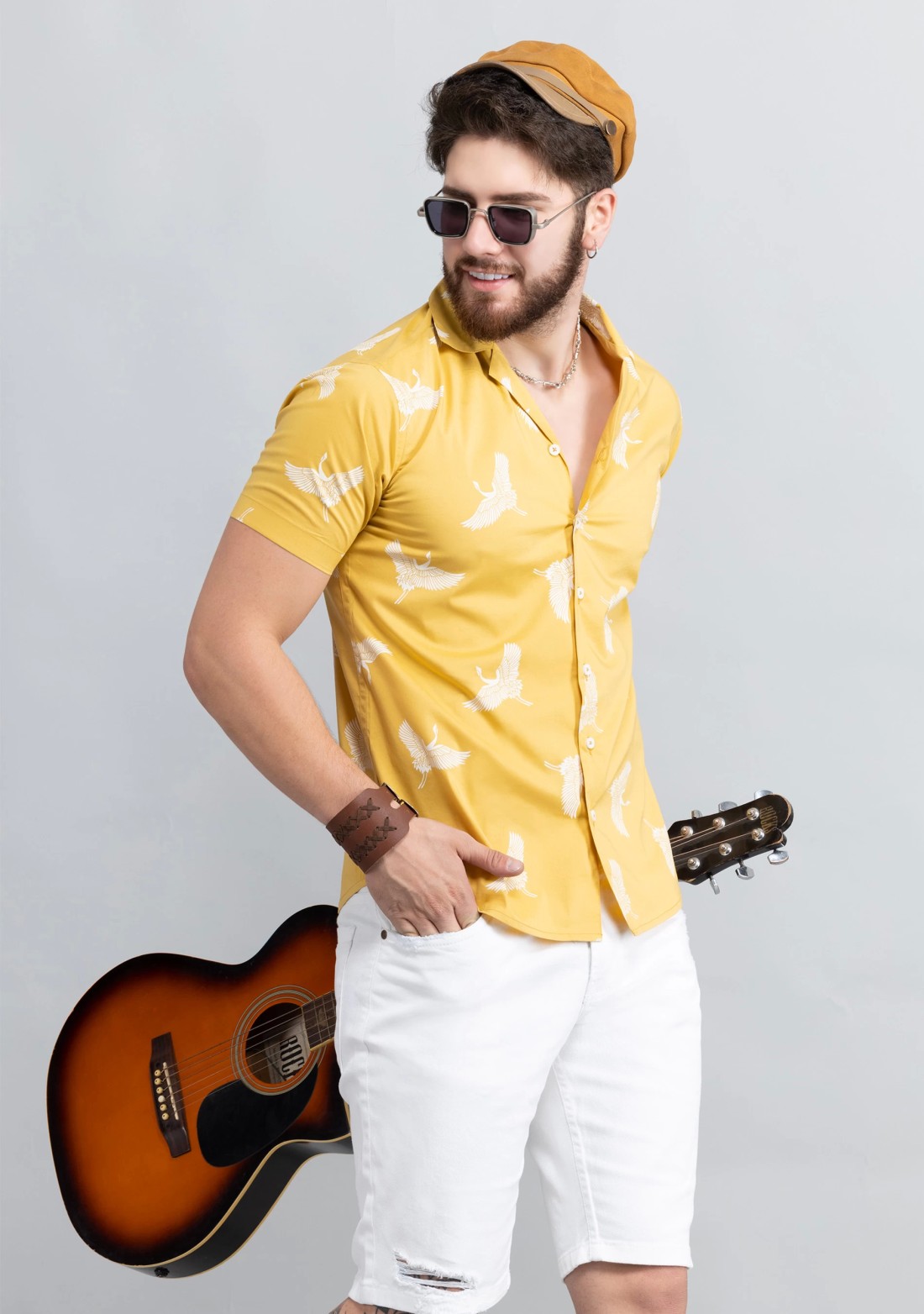 Yellow Print Cuban Collar Slim Fit Men's Shirt