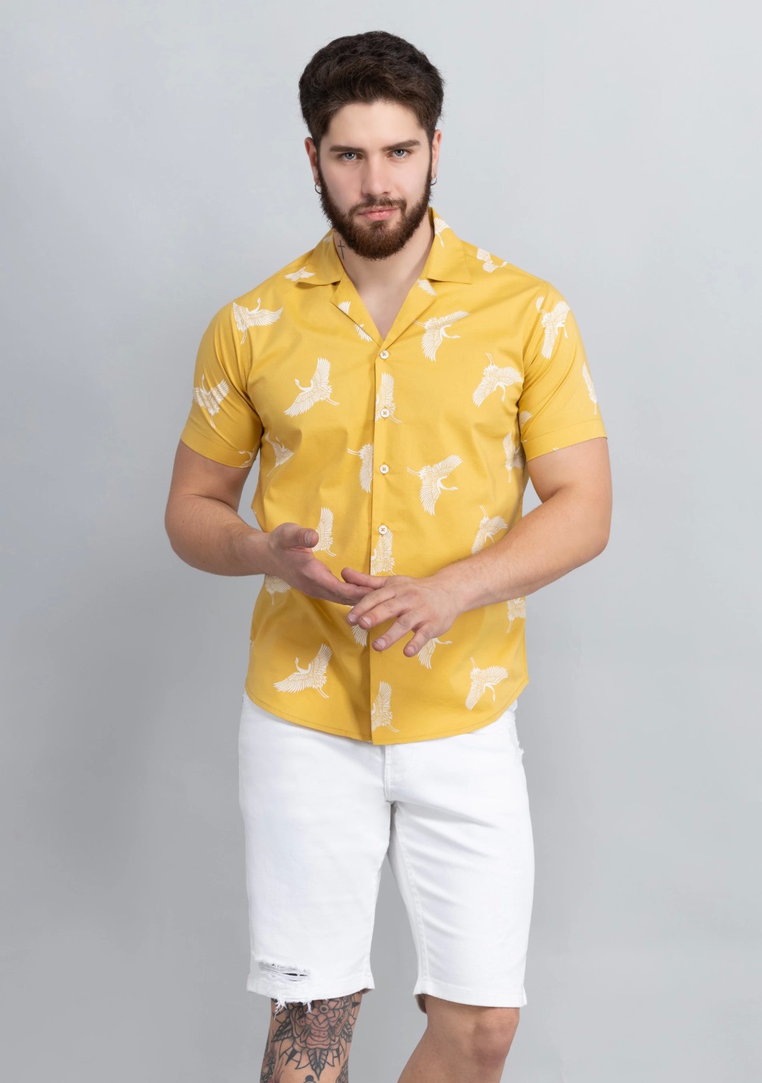 Yellow Print Cuban Collar Slim Fit Men's Shirt